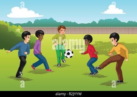 Un vecteur illustration de Multi Ethnic Groupe d'Enfants jouant au football Illustration de Vecteur