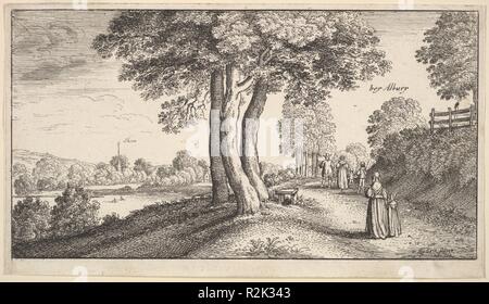 D'Albury. Wenceslaus Hollar : artiste bohème, Prague 1607-1677 (Londres). Series/portefeuille : Vues de campagne près de Albury, Surrey six plaques, New Hollstein 723-728 HollarPart (III). Date : 1625-77. Albury ; l'homme et la femme avec enfants vu de dos marchant le long chemin de campagne à droite, suivi par femme avec petit enfant ; rivière à gauche, avec clocher d'église vu entre les arbres en arrière-plan. Musée : Metropolitan Museum of Art, New York, USA. Banque D'Images