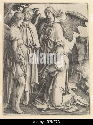 Abraham et les trois anges. Artiste : Lucas van Leyden (Leiden, Russisch ca. Leyde 1494-1533). Fiche technique : Dimensions : 7 x 5 7/16 in. (17,7 x 13,8 cm). Date : ca. 1513. Musée : Metropolitan Museum of Art, New York, USA. Banque D'Images