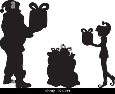 Silhouette Santa et elf mettre des cadeaux dans le sac Illustration de Vecteur