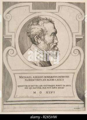 Portrait buste de Michel-ange face vers la droite, dans un cartouche. Artiste : Giulio Bonasone (Italien, actif à Rome et Bologne, 1531-après 1576). Date : 1546. Musée : Metropolitan Museum of Art, New York, USA. Banque D'Images