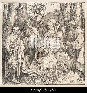 La Sainte Famille avec les Saints et deux anges musiciens. Artiste : Albrecht Dürer (Nuremberg, Allemagne Nuremberg 1471-1528). Fiche technique : Dimensions : 8 1/4 x 8 5/16 in. (21 x 21,1 cm). Date : 1511. Musée : Metropolitan Museum of Art, New York, USA. Banque D'Images