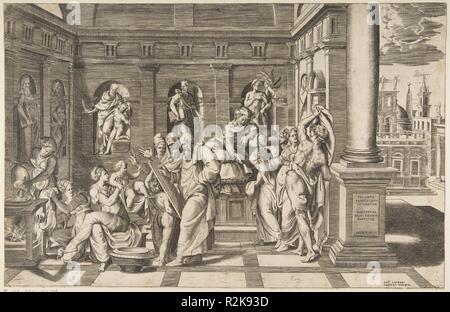 La naissance de Saint Jean le Baptiste situé dans un bâtiment classique. Artiste : Giulio Bonasone (Italien, actif à Rome et Bologne, 1531-après 1576). Fiche technique : Dimensions : 11 1/4 x 17 3/8 in. (28,5 x 44,2 cm). Editeur : Antonio Salamanca Salamanca (1478-1562) de Rome. Date : 1531-76. Musée : Metropolitan Museum of Art, New York, USA. Banque D'Images