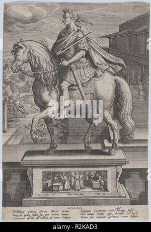 Figure 7 : statue équestre de Galba, de profil vers la gauche, avec une scène de décapitation en arrière-plan, à partir de 'empereurs romains à cheval'. Artiste : Jan van der Straet, appelé Stradanus (Bruges, Russisch Florence 1523-1605) ; Adriaen Collaert (Anvers, Russisch ca. 1560-1618 Anvers). Fiche Technique Dimensions : (découpés) : 12 11/16 × 8 9/16 in. (32,3 × 21,7 cm). Editeur : Philips (Galle, Russisch Haarlem 1537-1612 Anvers). Portefeuille/Série : 'empereurs romains à cheval'. Date : ca. 1587-89. Musée : Metropolitan Museum of Art, New York, USA. Banque D'Images