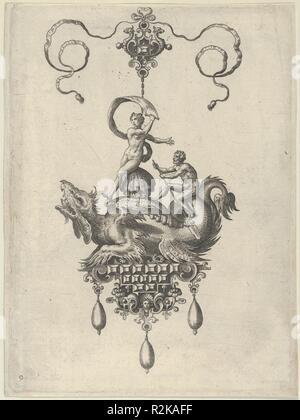 La conception de la poignée avec un monstre marin ailé Vénus Anadyomene portant sur une coquille et un homme avec une rame. Artiste : Adriaen Collaert (Anvers, Russisch ca. Anvers 1560-1618) ; après un dessin par Jan Collaert I (Anvers, Russisch ca. 1530-1581 Anvers). Fiche Technique : Dimensions : 15/16 6 × 5 3/16 in. (17,7 × 13,2 cm). Editeur : publié par Philips (Galle, Russisch Haarlem 1537-1612 Anvers) , à Anvers. Series/portefeuille : Dessins pour pendentifs II. Date : 1582. Panneau vertical avec un pendentif en forme d'un monstre de mer transportant Neptune, qui est assis sur une coquille et est titulaire d'un voile dans son droit han Banque D'Images