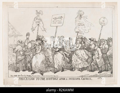 Procession à la tribune Après le succès de la toile. Artiste : Thomas ROWLANDSON (britannique, Londres 1757-1827 Londres). Fiche Technique : Dimensions : 10 1/2 x 14 3/8 in. (26,6 × 36,5 cm) Plaque : 9 3/4 × 13 11/16 in. (24,8 × 34,8 cm). Publié dans : Londres. Editeur : William Humphrey (British, 1742 ?-1814) avant. Sujet : Charles James Fox (1749-1806), britannique George, Prince de Galles (britannique, Londres 1762-1830 Windsor) ; Georgiana Cavendish, duchesse de Devonshire (British, Wimbledon, Surrey 1757-1806 Devonshire) ; Henrietta Ponsonby, comtesse de Bessborough (British, Wimbleton, Surrey 1761-1821 Florence). Date Banque D'Images