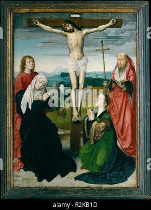 La Crucifixion. Artiste : Gérard David (Oudewater, Russisch ca. 1455-1523 Bruges). Dimensions : Hors tout 21 x 15 in. (53,3 x 38,1 cm) ; surface peinte 20 5/8 x 14 3/4 in. (52,5 x 37,5 cm). Date : ca. 1495. Dans cette image poignante, la Crucifixion est présenté comme un texte de l'écrit en raison de l'inclusion de Saint Jérôme. Le père de l'Église apparaît comme quelque peu détaché de l'événement en question, apparemment la lecture sur elle à partir de sa traduction de la Bible. Vrai pour le compte de l'Evangile, David a fourni une notion du temps et de l'espace. Le ciel est assombri au moment o Banque D'Images