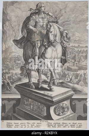 Planche 11 : statue équestre de Titus, vu de trois quarts vers la droite, à l'éruption du Vésuve en arrière-plan à gauche, de 'empereurs romains à cheval'. Artiste : Jan van der Straet, appelé Stradanus (Bruges, Russisch Florence 1523-1605) ; Adriaen Collaert (Anvers, Russisch ca. 1560-1618 Anvers). Fiche Technique Dimensions : (découpés) : 12 3/4 x 8 9/16 in. (32,4 × 21,7 cm). Editeur : Philips (Galle, Russisch Haarlem 1537-1612 Anvers). Portefeuille/Série : 'empereurs romains à cheval'. Date : ca. 1587-89. Musée : Metropolitan Museum of Art, New York, USA. Banque D'Images