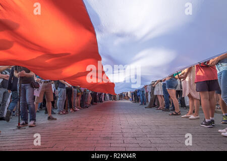 Pologne Varsovie - le 24 juillet 2017 : Des milliers de manifestants brandissaient le drapeau polonais géant lors d'une manifestation pacifique devant le palais présidentiel. Banque D'Images