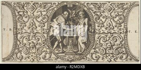 Un couple Shaking Hands, d'Grotisch fur alle Kunstler. Artiste : Theodor de Bry, Russisch (Liège 1528-1598) de Francfort. Fiche Technique : Dimensions : 2 5/8 x 5 13/16 in. (6,7 × 14,7 cm). Date : 1580-1600. Encadrée dans un ovale au centre, un homme, à gauche, et une femme, à droite, se serrer la main, tandis qu'un putto verse de l'eau sur leurs mains et dans un bassin décoré d'un masque grotesque. L'ovale est entourée de dessin ornemental symétrique avec un couple d'oiseaux dans l'angle supérieur gauche et supérieur droit. Sur le côté gauche et côté droit, segmenté des ovales avec la signature de l'artiste. Associé à la série, Grotisch fur alle Banque D'Images