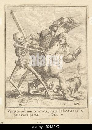 Le Colporteur, à partir de la danse de la mort. Artiste : Après Hans Holbein le Jeune (allemand, Augsbourg 1497/98-1543 London). Fiche Technique : Dimensions : 3 in. × 2 3/16 in. (7,6 × 5,6 cm). Graveur : Wenceslaus Hollar (Bohème, Prague 1607-1677 Londres). Series/portefeuille : La danse de mort, après Holbein. Date : 1651. Un colporteur avec un panier sur le dos à droite promenades accompagnées d'un chien. La mort s'empare de sa chemise et le tire à gauche. Musée : Metropolitan Museum of Art, New York, USA. Banque D'Images