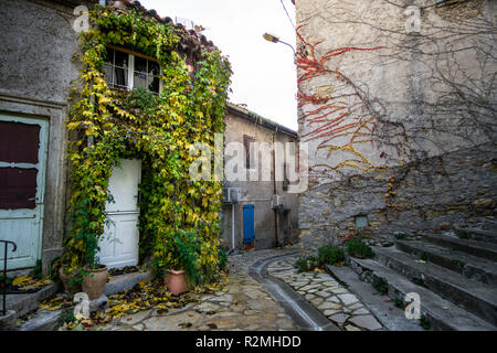 House entrée entourée de vigne d'automne dans le centre du village Banque D'Images