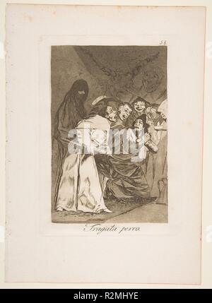 58 Plaque de "Los Caprichos" : l'avaler, le chien (Tragala perro.). Artiste : Goya (Francisco de Goya y Lucientes (Fuendetodos) espagnol, 1746-1828 Bordeaux). Dimensions : Plaque : 8 × 5 7/16 15/16 in. (21,5 × 15,1 cm) feuille : 11 5/8 x 8 1/4 in. (29,5 x 20,9 cm). Series/portefeuille : Los Caprichos. Date : 1799. Musée : Metropolitan Museum of Art, New York, USA. Banque D'Images