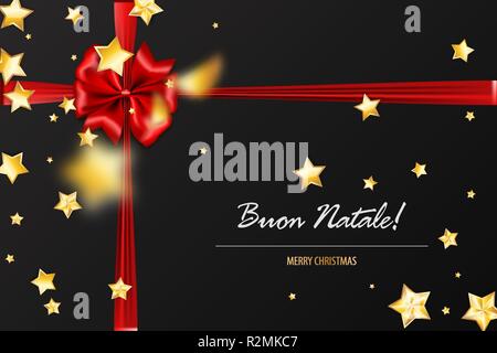 Buon Natale - Joyeux Noël salutations italien. Maison de vacances cadeau de Noël de soie rouge. Noël Décoration textile. Vector illustration 3D réaliste. Étoile d'or Illustration de Vecteur