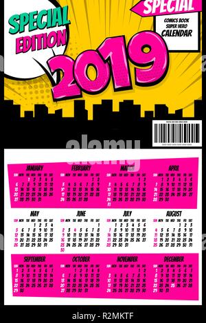 Retro 2019 comics book modèle de calendrier. Texte comique style pop art fond de demi-teintes. Bulle de couleur vintage poster. Super héros Vector illust Illustration de Vecteur