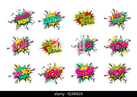 Texte comique WOW, Boom, Bang effets sonores collection pop art style. Vecteur bulle avec expression expression cartoon illustration. B Bande dessinée Illustration de Vecteur