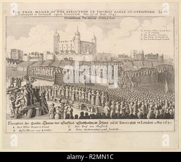 Le vrai maner [mode] de l'exécution de Thomas Earle de Strafford. Wenceslaus Hollar : artiste bohème, Prague 1607-1677 (Londres). Dimensions : Plateau : 7 3/8 à 5/16 × 10. (18,6 × 26,4 cm) Feuille : 8 3/4 × 10 1/2 in. (22,2 × 26,7 cm). Date : 1641. Exécution de Thomas Wentworth, comte de Strafford, foule de spectateurs debout dans les peuplements de bois, l'un d'eux s'effondrer, ou sur le sol autour d'une plate-forme surélevée au milieu avec le bourreau tenant une hache, Strafford, sa famille et amis, l'Évêque Usher et Sherriffs ; la Tour de Londres dans l'arrière-plan. Musée : Metropolitan Museum of Art Banque D'Images