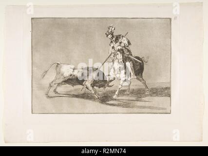 Planche 11 de la Tauromaquia':l'Hotel Nobel harponner un autre taureau. Artiste : Goya (Francisco de Goya y Lucientes (Fuendetodos) espagnol, 1746-1828 Bordeaux). Plaque : 9 Dimensions : 13/16 x 13 3/4 in. (25 × 35 cm) feuille : 12 × 1/16 17 5/16 in. (30,7 × 44 cm). Date : 1816. Musée : Metropolitan Museum of Art, New York, USA. Banque D'Images