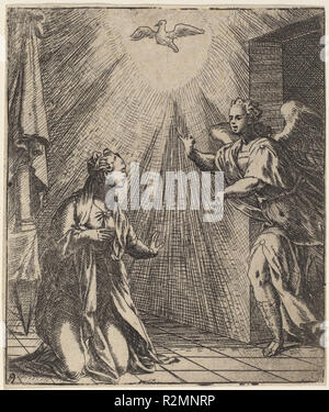 L'Annonciation. Fiche technique Dimensions : (découpés à la plaque de passage) : 10,2 x 8,6 cm (4 x 3 3/8 in.). Technique : gravure sur bois sur papier. Musée : National Gallery of Art, Washington DC. Auteur : Giovanni Battista Fontana. Banque D'Images