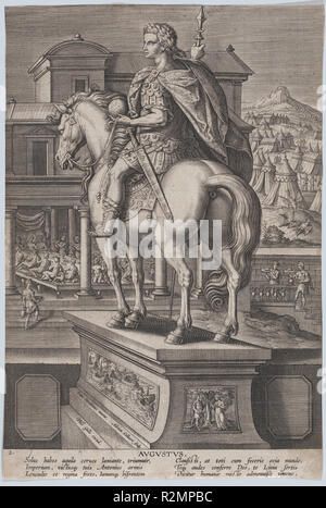 Planche 2 : statue équestre d'Auguste, tenant un globe et vu de derrière, avec une fête à gauche dans l'arrière-plan, à partir de 'empereurs romains à cheval'. Artiste : Jan van der Straet, appelé Stradanus (Bruges, Russisch Florence 1523-1605) ; Adriaen Collaert (Anvers, Russisch ca. 1560-1618 Anvers). Fiche Technique Dimensions : (découpés) : 12 11/16 × 8 9/16 in. (32,3 × 21,7 cm). Editeur : Philips (Galle, Russisch Haarlem 1537-1612 Anvers). Portefeuille/Série : 'empereurs romains à cheval'. Date : ca. 1587-89. Musée : Metropolitan Museum of Art, New York, USA. Banque D'Images