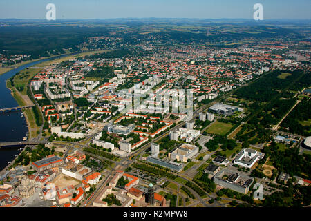 La Frauenkirche, le Zwinger, Semperoper Dresde Taschenbergpalais,, La Cathédrale, l'hôtel Hilton Dresden, Kulturpalast, rive de l'Elbe, Elbe, boucle de l'Elbe, vue aérienne, Liliengasse, Dresde, Saxe, Allemagne, Europe, Banque D'Images