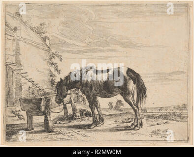 Un cheval lié à une mangeoire. En date du : 1651. Dimensions : plaque : 15,1 × 20,2 cm (5 15/16 x 7 15/16 in.) planche : 15,5 × 20,6 cm (6 1/8 x 8 1/8 in.). Technique : gravure. Musée : National Gallery of Art, Washington DC. Auteur : DIRCK STOOP. Banque D'Images