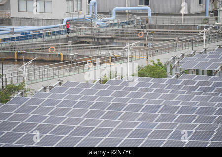 (181120) -- SHISHI, 20 novembre 2018 (Xinhua) -- un membre du personnel passe devant les panneaux solaires à une usine de traitement des eaux usées à Shishi City, province de Fujian en Chine du sud-est, le 20 novembre, 2018. La centrale photovoltaïque construite sur une usine de traitement des eaux usées s'est connecté au réseau et a commencé la production d'électricité. Couvrant une superficie de plus de 4 000 mètres carrés, la centrale photovoltaïque devrait générer 3,5 millions de kilowattheures par année. (Xinhua/Chanson Weiwei)(wsw) Banque D'Images