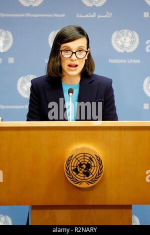 Organisation des Nations Unies. 20 Nov, 2018. L'actrice britannique Millie Bobby Brown parle lors d'une conférence de presse au siège des Nations Unies à New York, le 20 novembre 2018. Millie Bobby Brown le mardi s'est engagé à 'Speak out' des droits de l'enfant dans son nouveau rôle en tant que plus jeune ambassadeur de bonne volonté du Fonds des Nations Unies pour l'agence. Credit : Muzi Li/Xinhua/Alamy Live News Banque D'Images