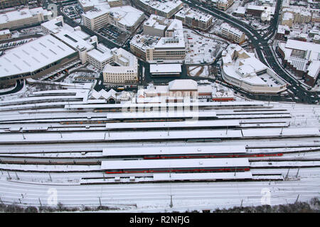 Vue aérienne, Heinrich Kleist Forum, centre éducatif, Hamm, gare ferroviaire Centrale, Hamm, Ruhr, neige, Rhénanie du Nord-Westphalie, Allemagne, Europe, Banque D'Images