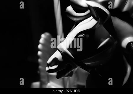 Touche Bas gros plan noir et blanc d'une tête de cheval d'un manège, avec lumière et shadown jouant sur les courbes douces du cheval Banque D'Images