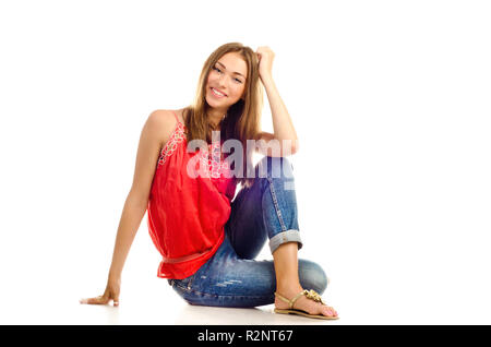 Jeune fille isolée sur fond blanc Banque D'Images