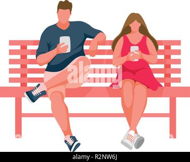 L'homme et la jeune fille assise sur un banc. Femme utilise un téléphone mobile. Guy utilise un téléphone mobile. Vector Illustration Illustration de Vecteur