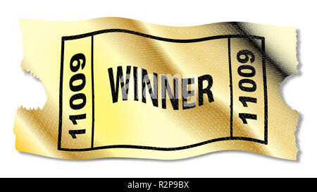 Un ticket d'or proclamant un gagnant sur un fond blanc Banque D'Images