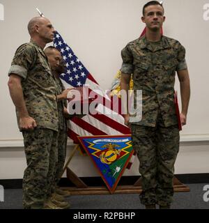 Le général Kevin Iiams, général commandant de la 3ème aile d'avion Marine, présente le sous-officier du trimestre au Cpl. Andrew Z. Dolan avec Marine, Groupe d'aéronefs 11 au Marine Corps Air Station Miramar, Californie, le 1 novembre, 2019. La cérémonie a reconnu des Marines et marins pour leur éthique de travail exceptionnel et les réalisations au cours de premier trimestre de l'année financière 19. Banque D'Images