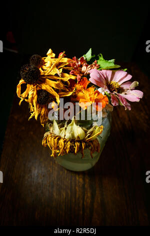 Vieux flétris fleurs d'été dans un pot Mason de verre avec éclairage sombre moody Banque D'Images