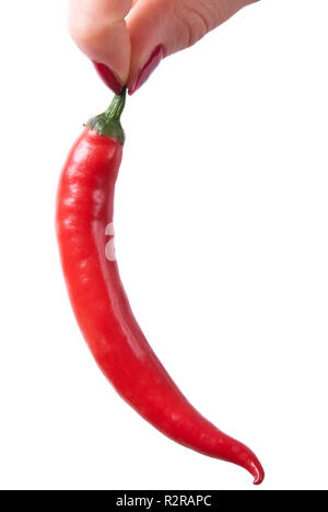Deux doigts tenant une red hot peppers Banque D'Images