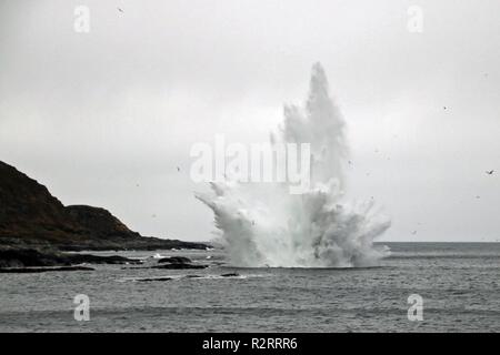 En coordination avec les autorités norvégiennes, Comité permanent de lutte contre les mines de l'OTAN (SNMCMG1 Un groupe de navires chasseurs de mines letton) LVNS Rūsiņš détruit une trouvé la Seconde Guerre mondiale, dans un fjord norvégien le 3 novembre 2018 lors de stade Trident 18 opérations de lutte contre les mines. Stade Trident 18 est conçu pour s'assurer que les forces de l'OTAN sont formés, capables de fonctionner ensemble et prêts à répondre à toute menace de n'importe quelle direction. Stade 18 Trident a lieu en Norvège et dans les environs de l'Atlantique Nord et la mer Baltique, dont l'Islande et de l'espace aérien de la Finlande et de la Suède. Avec Banque D'Images