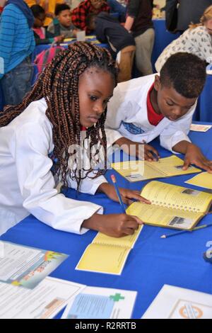 Le U.S. Army Corps of Engineers Norfolk District des écoles publiques de Newport News aide à l'ingénierie de conception NNPS tenue à Newsome Park Elementary School, Newport News, en Virginie, le 2 novembre 2018. Quatrième et cinquième année d'études a pris sur le projet de création d'un pont flottant à petite échelle des éléments fournis à voir dont le pont ne pouvait supporter le plus de poids. Banque D'Images