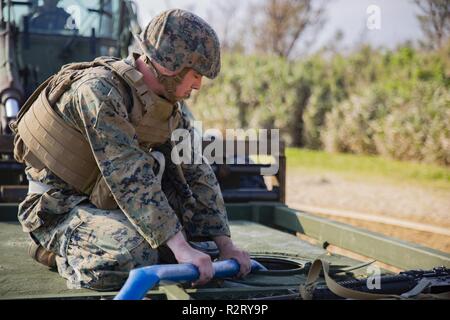 Lance le Cpl. Christopher Starnes transfère l'eau d'un système de purification de l'eau d'un récipient de l'eau au cours d'une évaluation d'État de combat du Corps des Marines (MCCRE) au secteur d'entraînement Bleu Kin, Okinawa, Japon, le 6 novembre 2018. Marines avec le carburant en vrac, 9e compagnie, 3e Bataillon d'appui du Groupe logistique maritime tactique déployée, de systèmes de purification de l'eau sur la plage de Kin Zone d'entraînement bleu dans le cadre de l'MCCRE. Le bataillon est un MCCRE large test pour voir comment les unités de 9e ESB effectuer dans des situations de combat. Le système de purification d'eau tactique peut purifier 1 200 gallons de sel w Banque D'Images