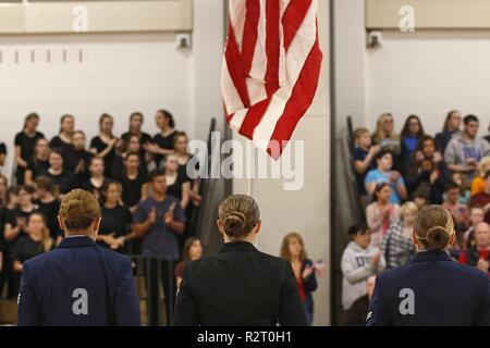 Les membres en service de l'armée américaine, la Marine américaine, l'US Air Force et soulever les couleurs nationales au cours de l'École Centrale Sackets Harbour 11e célébration de la Journée des anciens combattants, le 9 novembre 2018, dans la région de Sackets Harbor, New York. Les élèves de la maternelle à la douzième année des anciens combattants honorés au cours de la cérémonie,. Le lieutenant-colonel James Beaulieu, commandant du 41e bataillon du génie, 2e Brigade Combat Team, 10e division de montagne, a prononcé un discours aux étudiants à propos de la résilience. Banque D'Images