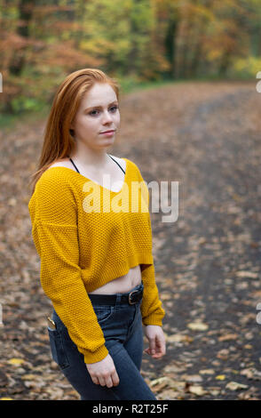 Le portrait d'une fille aux cheveux rouges dans un parc en automne Banque D'Images