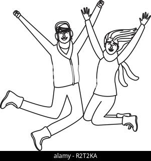 Les gens heureux qui saute dans les vêtements d'hiver en noir et blanc vector illustration graphic design Illustration de Vecteur