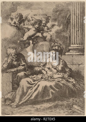 La Sainte Famille par une colonne. Technique : gravure. Musée : National Gallery of Art, Washington DC. Auteur : Bartolomeo Biscaino. Banque D'Images