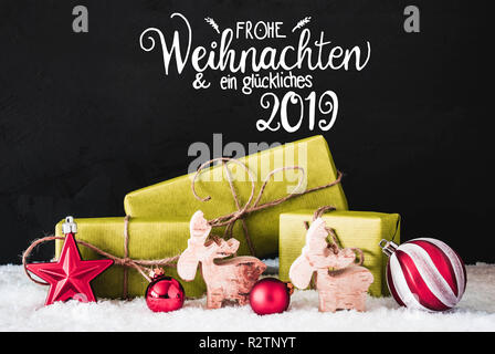 Décoration de Noël, Glueckliches 2019 Calligraphie signifie joyeux 2019, neige Banque D'Images