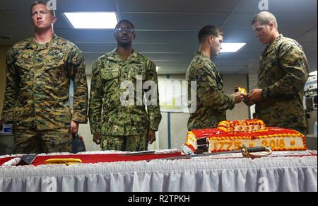 Mer des Caraïbes (nov. 12, 2018) - Le s.. James Martin (centre-droit), de Boise, Idaho, passe au plus jeune gâteau Marine, lance le Cpl. Scott Tokarski (à droite), de Chicago, en l'honneur de la Marine Corps' 243e anniversaire à bord du navire-hôpital USNS Comfort (T-AH 20). Le confort est de 11 semaines sur une mission d'appui médical à l'Amérique centrale et du Sud dans le cadre du U.S. Southern Command's Enduring promesse initiative. Travailler avec des partenaires gouvernementaux et de santé en Équateur, au Pérou, en Colombie et au Honduras, l'équipe médicale a entrepris des soins à bord et dans les sites médicaux, helpi Banque D'Images