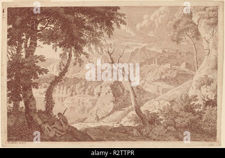 Paysage de montagne avec deux hommes se reposer. Dimensions : Plateau : 23,6 x 36,8 cm (9 5/16 x 14 1/2 in.) planche : 24,7 x 37,7 cm (9 3/4 x 14 13/16 po.). Technique : gravure en rouge-brun d'encre sur papier vergé. Musée : National Gallery of Art, Washington DC. Auteur : JOHANNES GLAUBER. Banque D'Images