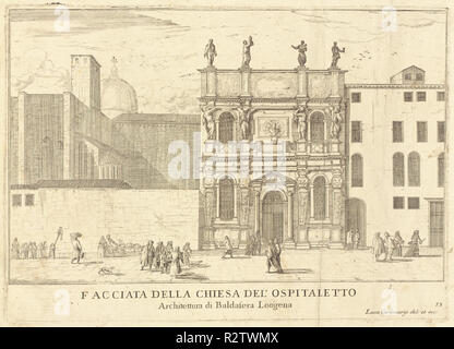 Facciata della Chiesa del'Ospitaletto (planche 33). En date du : publié 1703. Dimensions : taille de la page : 27 x 35,2 cm (10 5/8 x 13 7/8 in.) taille globale (volume fermé) : 28,3 x 36,9 x 3 cm (11 1/8 x 14 1/2 x 1 3/16 in.). Technique : gravure. Musée : National Gallery of Art, Washington DC. Auteur : Luca Carlevariis. Banque D'Images