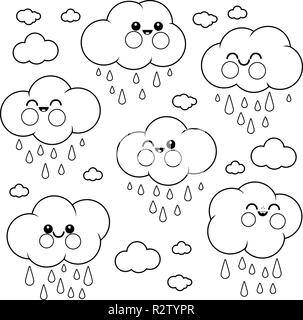 De mignons personnages de nuages pluvieux. Nuages de smiley joyeux drôles. Nuages souriants avec des gouttes de pluie. Page de coloriage noir et blanc vectoriel. Illustration de Vecteur