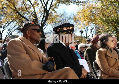 L'honneur des anciens combattants assister à une cérémonie organisée par le District de Columbia et de la Garde nationale l'Association des plus anciens habitants de D.C. honorant les 499 D.C. résidents qui a donné l'ultime sacrifice au cours de la Première Guerre mondiale et commémorant le centenaire de l'Armistice, le 11 novembre 2018, au Monument commémoratif de guerre à Washington D.C. D.C. Rempl. Eleanor Holmes Norton, D.C. ; Phil Mendelson, président, D.C. Council ; le Major-général William J. Walker, commandant général de la Garde nationale, et Bill Brown, président, AOI, a propos. La cérémonie a aussi rendu hommage à ceux qui ont servi ou servent actuellement dans la Banque D'Images