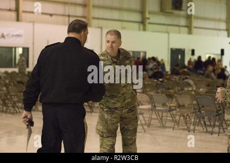 L'adjudant général, le général Courtney P. Carr, pour l'état de l'Indiana accueille le 38e Division d'infanterie's Brick. Le général David Vesper, qui se préparent pour la 38e Brigade de soutien à la maison à l'Indianapolis Airport de Indianapolis, Indiana, le 26.11.10. Banque D'Images